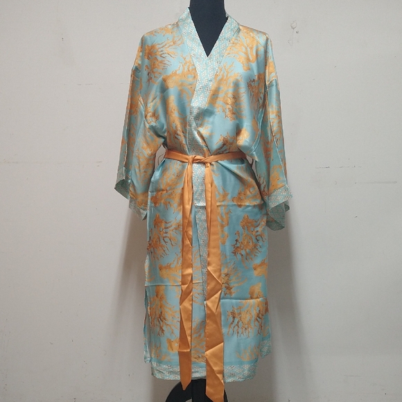 NEW! Sassy Jones Printed Wrap Topper Robe with Belt, Teal - Picture 1 of 15
